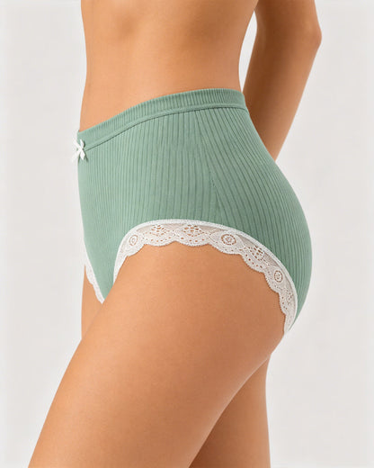 High Waisted Pure Cotton Ribbed Lace-trim Panties
