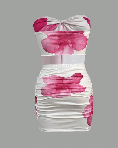 Beach Vacation Floral Print Strapless Top and Tight Skirt Set