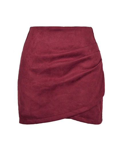 Suede Pleated Irregular Zipper Bodycon Mini Skirt