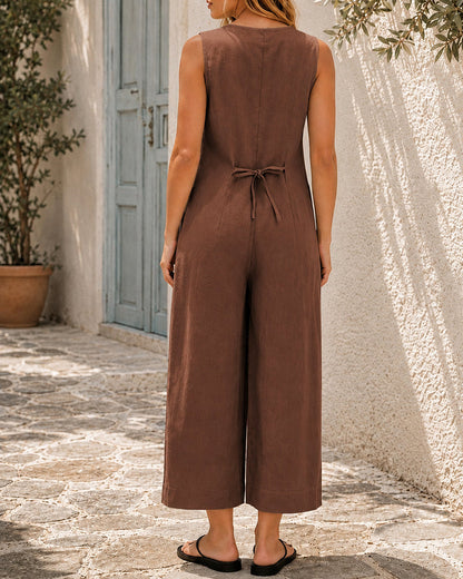 Casual Cotton Linen Deep V Button Sleeveless Wide-leg Jumpsuit