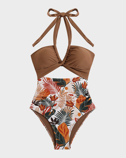 Halter Neck Cut-Out  Ruched One Piece Swimsuit