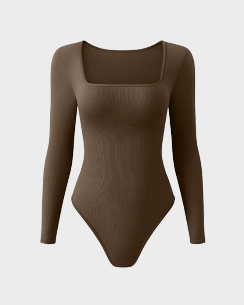 Floralshe® Ribbed Square Neck Long Sleeve Bodysuit