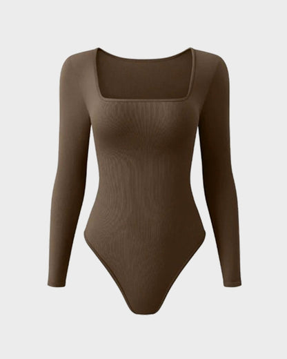 Floralshe® Ribbed Square Neck Long Sleeve Bodysuit