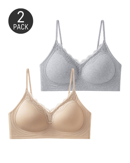 2-Pack Deep V Seamless Lace Trim Wire-Free Push-Up Bra