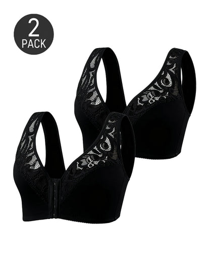 2-Pack Deep V Front Closure Lace Trim Vest Bra