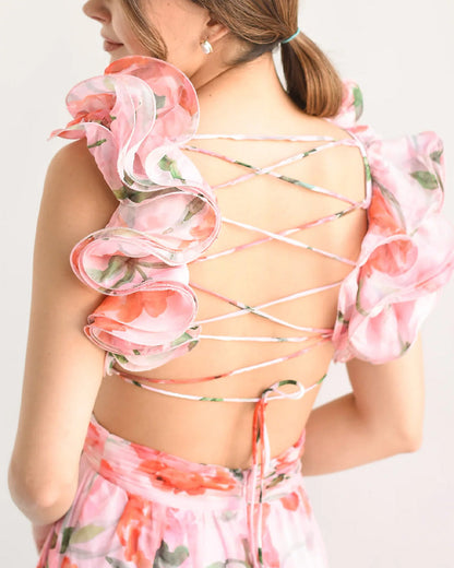 V Neck Halter Back Ruffle Strap Floral Beach Holiday Dress