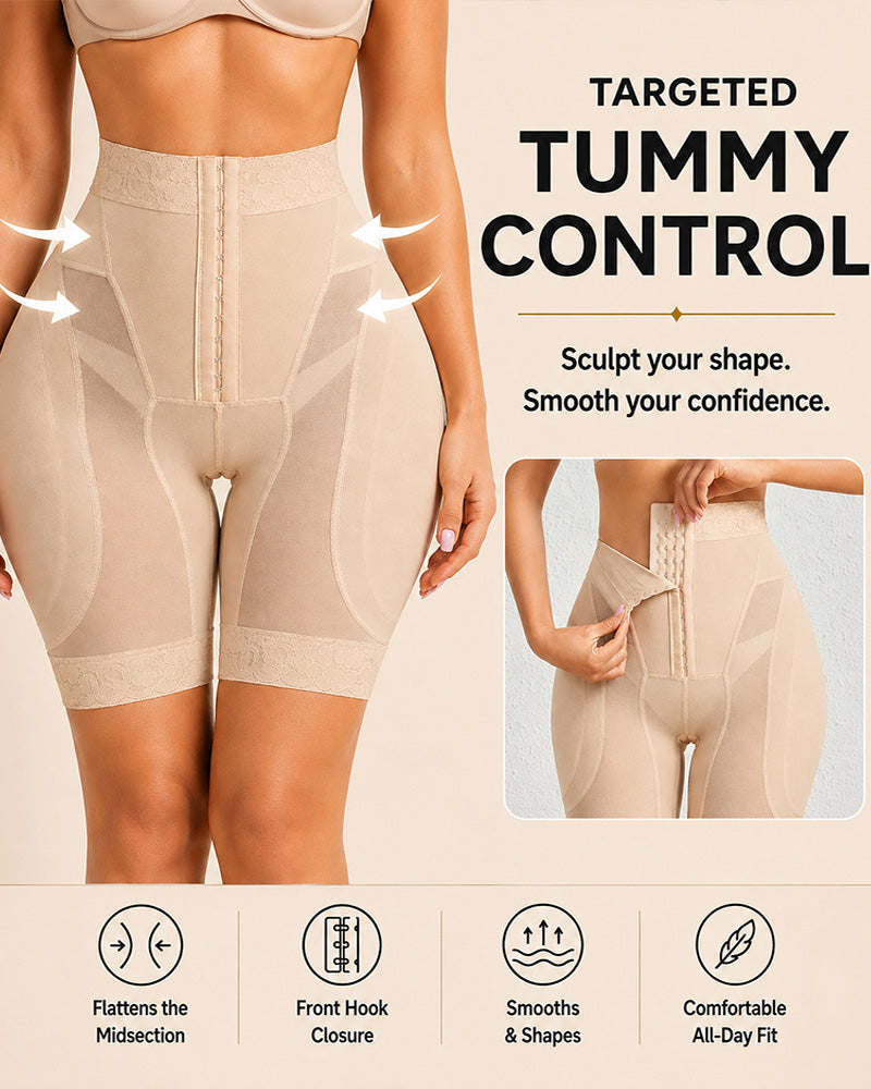 High Waist Tummy Control Hook-eye Lace Trim Seamless Breathable Shaping Shorts