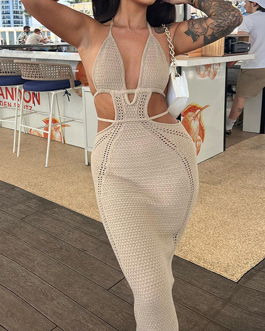 Vacation Sexy Halter-neck Knitted Strappy Deep V-neck Backless Long Beach Dress