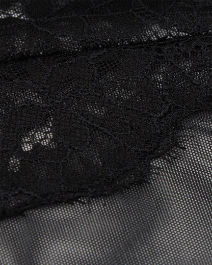Black Floral Lace Mesh See-through Deep V Sexy Bodysuit