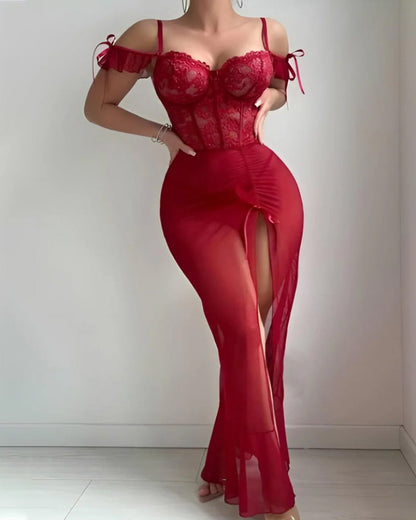 Sexy Off-the-shoulder Lace-trimmed High-slit See-through Mesh Long Lingerie Nightgown