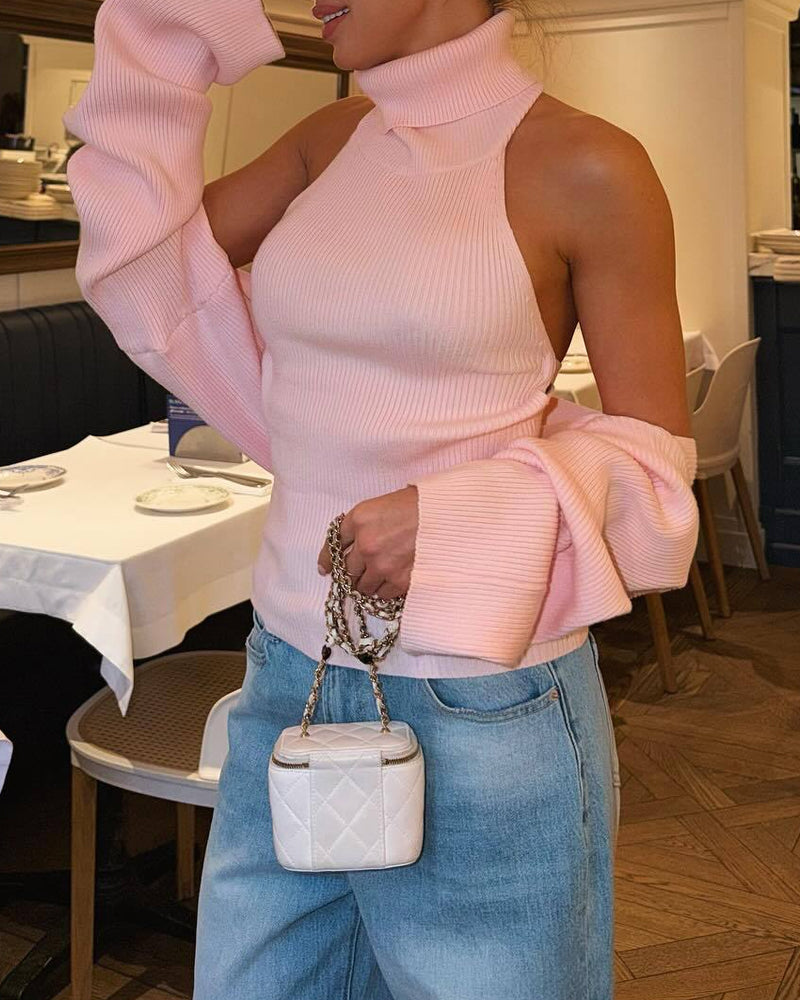 High-neck Sexy Backless Buckle Closure Knitted Vest and Long-Sleeved Cardigan Two-piece Set