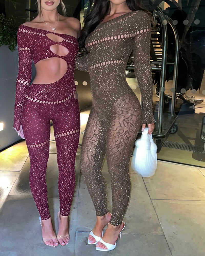 Sexy Rhinestone Stretch Long-Sleeved Jumpsuit