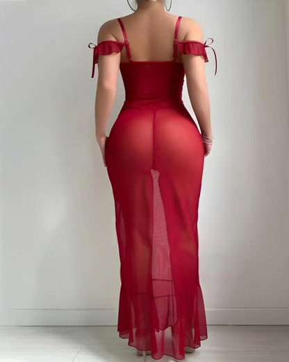 Sexy Off-the-shoulder Lace-trimmed High-slit See-through Mesh Long Lingerie Nightgown