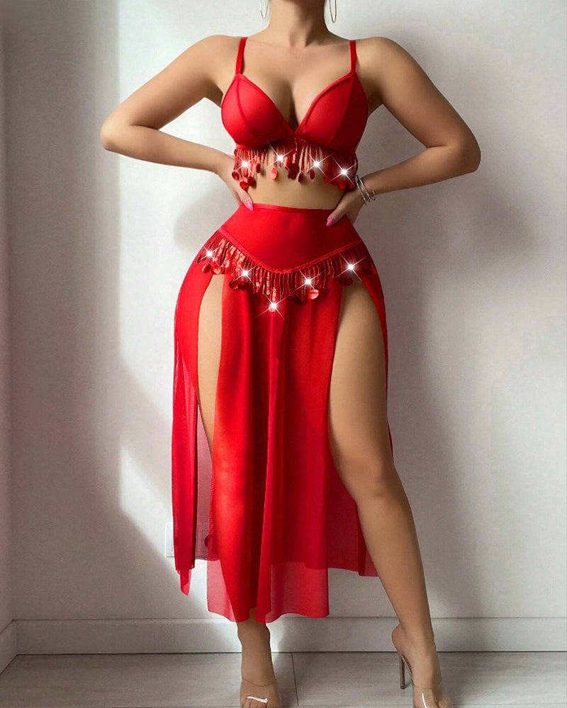 Sexy Sheer Mesh Tassel-decorated Deep V-neck Top and High-slit Long Skirt Lingerie Set