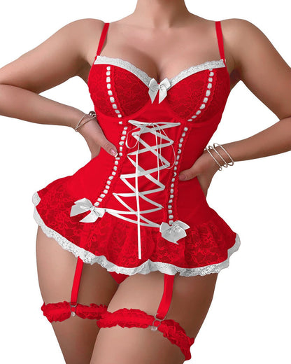 Gathered Contrast Color Sexy See-Through Lace Bow With Leg Cover Pajamas Set
