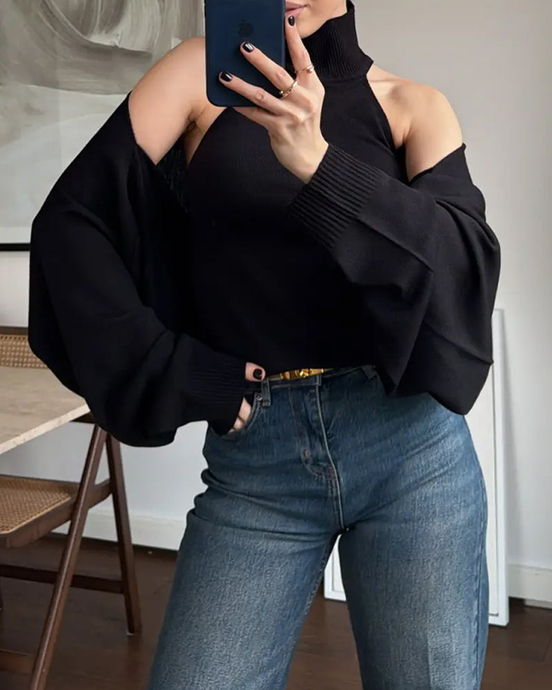High-neck Sexy Backless Buckle Closure Knitted Vest and Long-Sleeved Cardigan Two-piece Set
