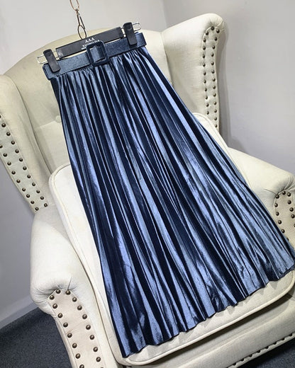 Casual Velvet Pearly Sheen High-waist A-line Pleated Skirt