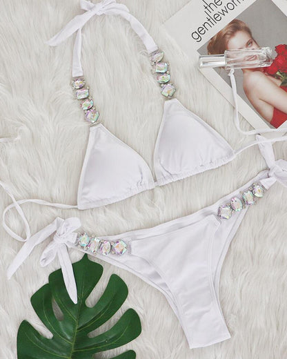 Sexy Solid Color Diamond Chain Embellished Beach Vacation Bikini