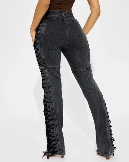 Fashion Side Drawstring Flared Jeans