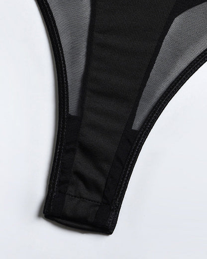 Mesh Splicing Open Back Sexy Lace-Up Suspender Bodysuit