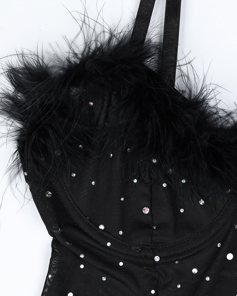 Sexy Rhinestone Feather Patchwork See-Through Elastic Mesh Slit Lingerie Nightgown