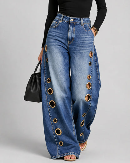 Casual Loose Metal Perforations High Waist Wide-leg Washed Jeans