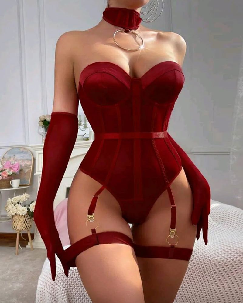 Sexy Strapless See-through Mesh Patchwork Bodysuit Lingerie