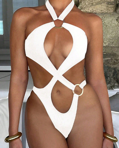 Sexy Halter Neck Backless O-ring Cutout One-piece Swimsuit