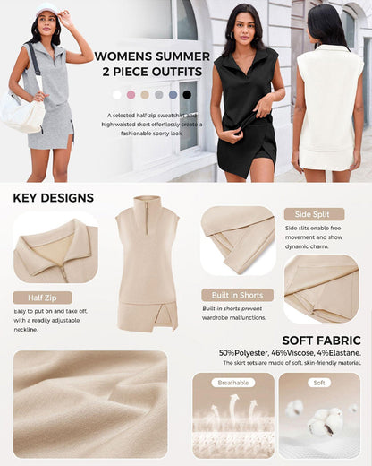 Casual Sports Sleeveless Half-zip Sweatshirt and Skirt Set