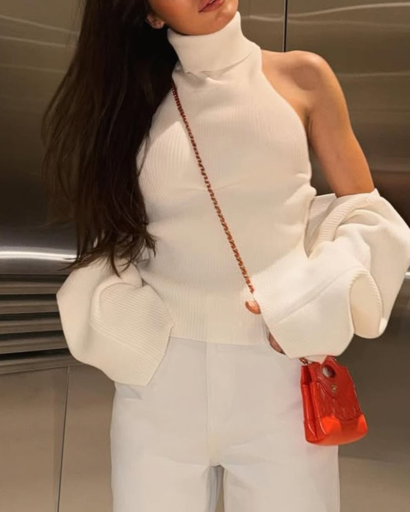 High-neck Sexy Backless Buckle Closure Knitted Vest and Long-Sleeved Cardigan Two-piece Set