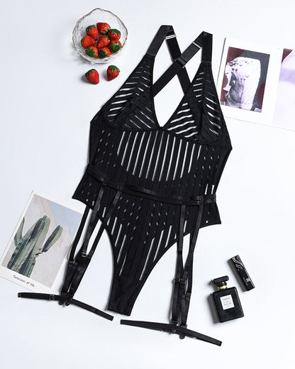 Deep V-neck See-through Mesh Colorblock Striped Bodysuit Lingerie