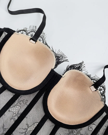 Sexy Strapless Lace Mesh See-through Underwire Bra Back Tie Fishbone Top