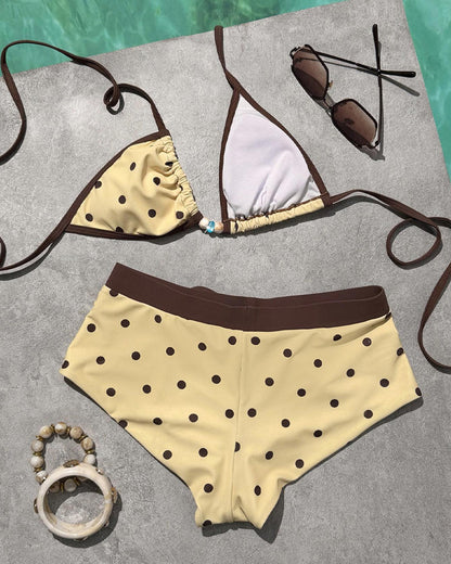 Retro Polka Dot Print Colorblock Beach Vacation Bikini Swimsuit Set
