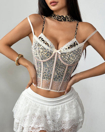 Sexy Leopard Lace Patchwork V-neck See-through Mesh Camisole Top