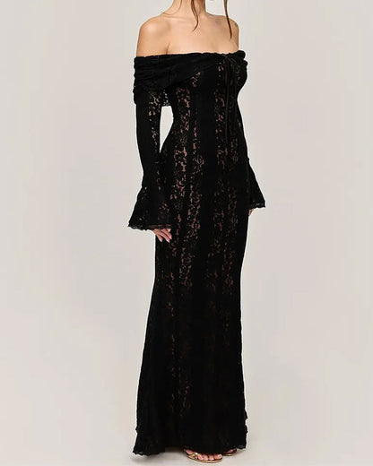 Women's Solid Color Lace Off-Shoulder Long Sleeve Slim Fit Dress
