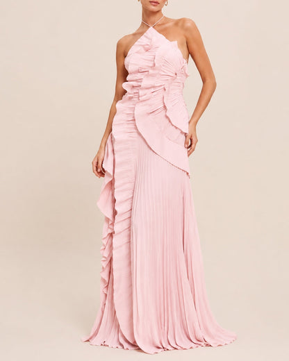 Halter Neck Backless Ruffled Maxi Dress