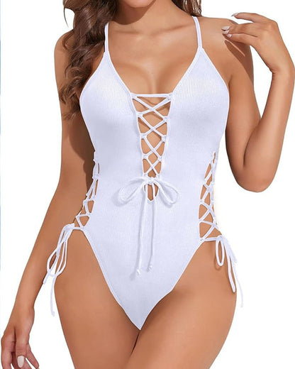 Women's Sexy Backless Deep V-Neck Cross Strap Solid Color One-Piece Swimsuit