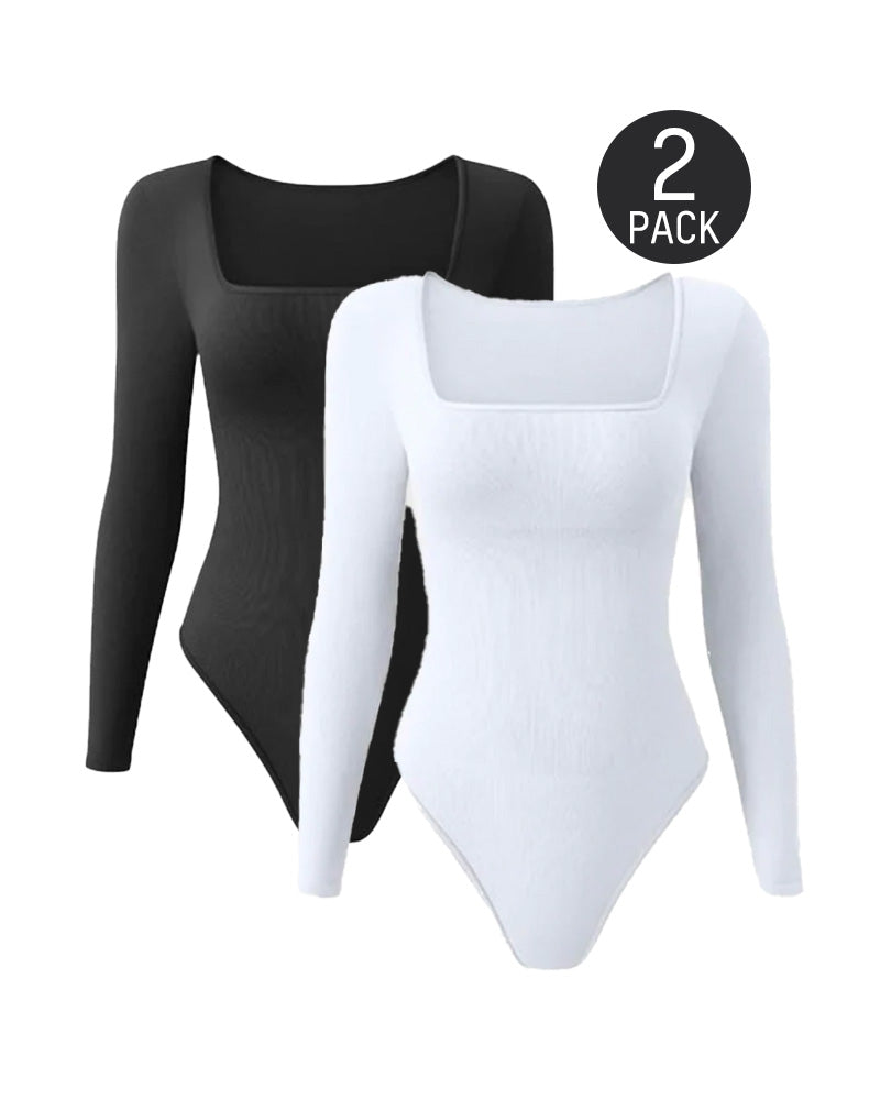 Floralshe® Ribbed Square Neck Long Sleeve Bodysuit