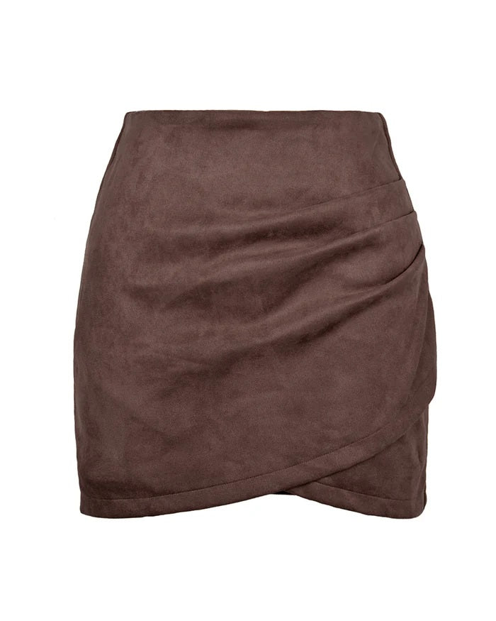 Suede Pleated Irregular Zipper Bodycon Mini Skirt