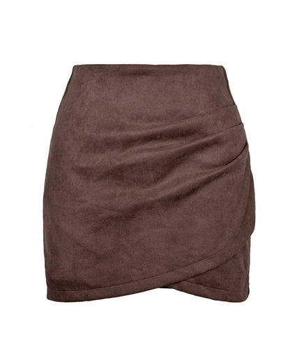 Suede Pleated Irregular Zipper Bodycon Mini Skirt