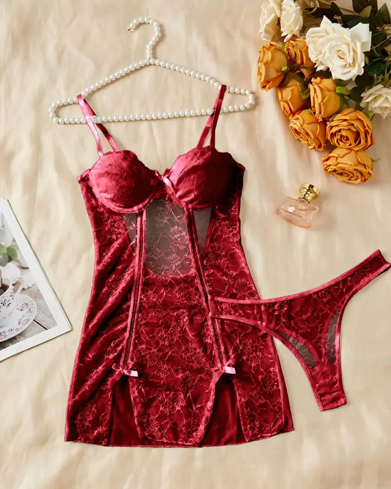 Women's Sexy Floral Lace See-through Slip Dress and Thong Set