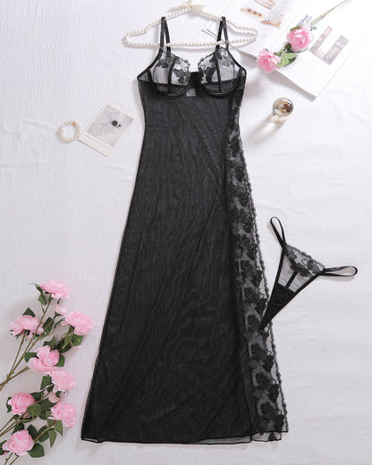 See-through Mesh Sexy High-slit Chemise Long Nightgown Set