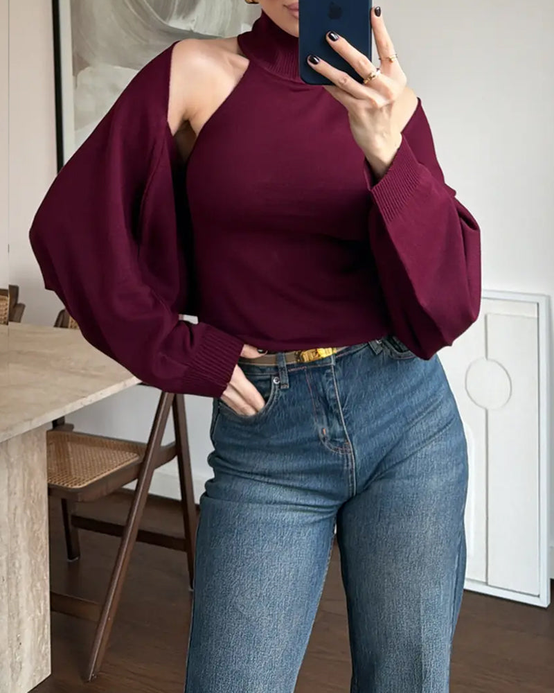 High-neck Sexy Backless Buckle Closure Knitted Vest and Long-Sleeved Cardigan Two-piece Set