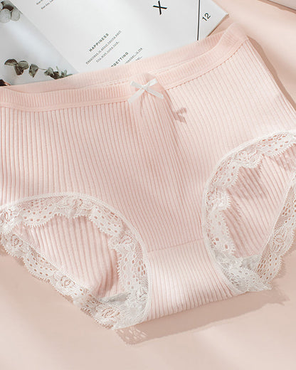 High Waisted Pure Cotton Ribbed Lace-trim Panties