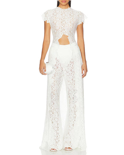 Lace Openwork Front Slit Long Top and Wide-leg Pants Set