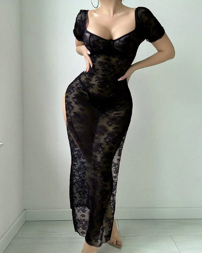 Sexy Floral Lace See-through Mesh High Slit Short-sleeved Long Lingerie Nightgown