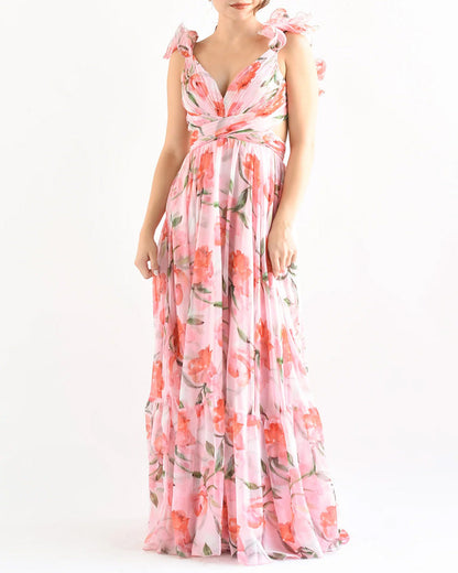 V Neck Halter Back Ruffle Strap Floral Beach Holiday Dress