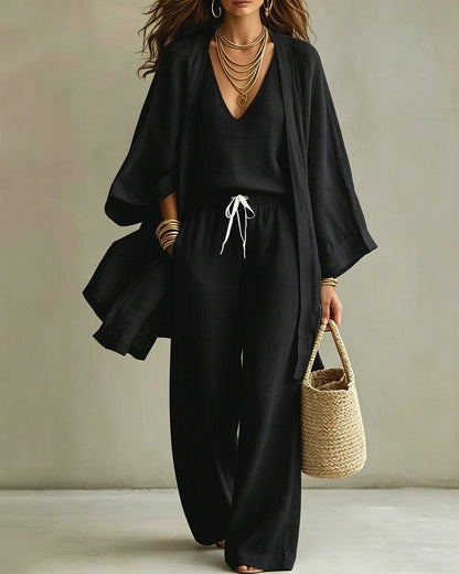 Casual Loose Cotton Linen Sleeveless Vest, Wide-leg Pants and Cardigan Three-piece Set