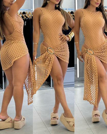 Solid Crochet Hollow Mesh Beach Swimsuit and Cover-up Set