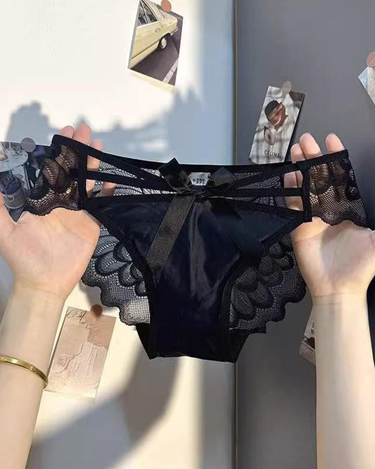 Sexy Low-rise Satin Bow-embroidered See-through Lace Panties